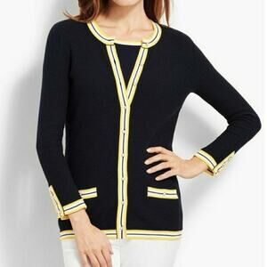 Talbots Navy Blue Cardigan Yellow Trim Pearl Button Front Sweater SZ M